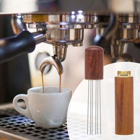 Espresso Distribution Tool With Six Needles And Walnut Wood Handle, Portable Coffee Stirrer For Even Extraction, Pro Grade Performance For Home Or Studio Barista Set, Includes Stand And Natural Wood Grip