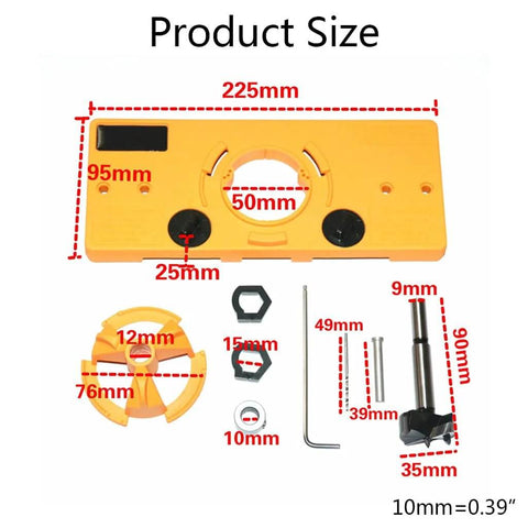 Hinge drilling jig kit with yellow base for cabinet doors; 15–35mm hole opener and accessories