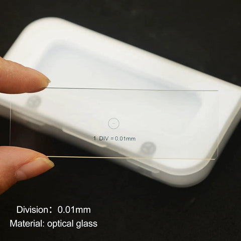 Micrometer High Precision 0.01mm Calibration Slide With Four Scales For Lab And School Use Optical Glass 75x25x1mm that plays nice with microscopes up to 400x, shown with 0.01mm scale
