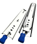Heavy Duty Full Extension Drawer Slides Rock Solid Steel with blue handles, 60 Inch, side mount hardware for cabinets.