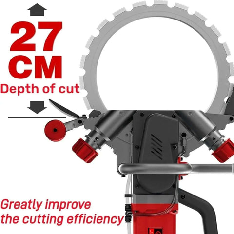 Heavy Duty Electric Brushless Diamond Ring Saw With Built In Water Pump, 27 cm depth of cut feature displayed.