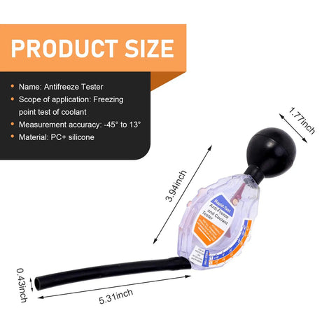 Smooth Operator Coolant And Antifreeze Tester Featuring Crisp Gauge Readout And Heavy Duty Rubber Bulb Universal Fit For Car Truck Motorcycle Keep Your Ride Sweet All Year Long, measuring 5.31 inches long with a black rubber bulb.