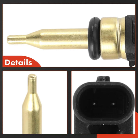 A-Premium automotive temperature sensor; brass tip with O-ring and black 2-pin connector; side view and tip close-up