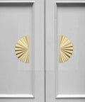 Semi Circle Cabinet Handles Set, Antique Brushed Gold Pulls on grey cabinet doors