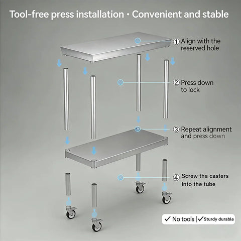 Assembly guide for Beefy Stainless Steel Pulley Workbench With Casters, Heavy Duty Prep Table With Lower Shelf For Restaurants, Garages, And Outdoor BBQs, 201 Stainless Steel Construction, Anti Corrosion Finish, Mobile Kitchen Station.