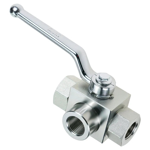 Three Way High Pressure Hydraulic Ball Valve One Half Inch NPT Female Connections 7250 PSI For Controlling Water Oil And Gas Flow Direction