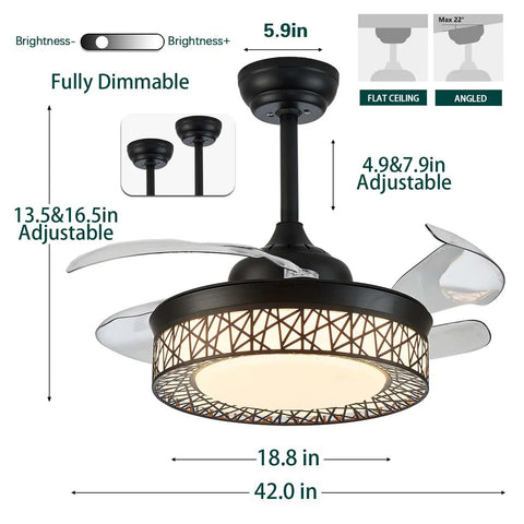 42 Inch Retractable Ceiling Fan With Dimmable Lights And App Remote Control For Bedroom Living Room And Bathroom Noiseless 6 Speeds With Timer And Memory Function Four Retractable Blades White, shown in black with light on.