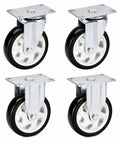 5 Inch Heavy Duty Caster Wheels Set Of 4 Black PU Tread With 2 Rigid And 2 Swivel Units, showing four polyurethane wheels on steel plates.