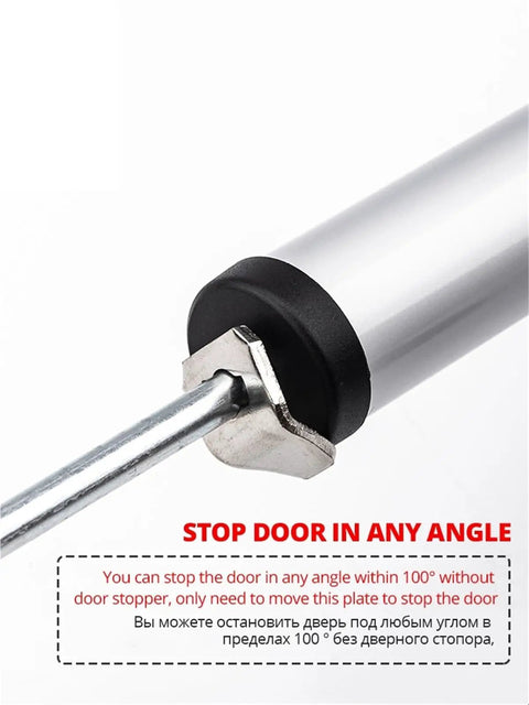 Close-up of Soft Closing Automatic Door Closer 35Kg Pneumatic With Adjustable Speed And Positioning Stop, focusing on metal end.