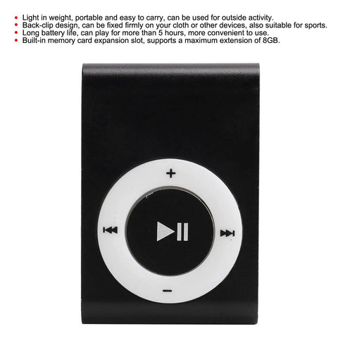 Close-up of Clip On MP3 Player With USB Cable And Earphones Ultra Lightweight Portable Music Player For Running And Hiking Screenless Mini MP3 Player For Sports Black showing control buttons.