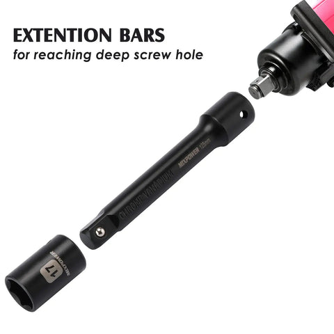 Impact wrench with extension bar and socket from Half Inch Drive Deep Impact Socket Set Workhorse With 15 Metric Sockets From 10Mm To 24Mm And 3 Inch 5 Inch 10 Inch Extension Bars Made From CRV Steel 6 Point Metric Sockets For Auto DIY Projects