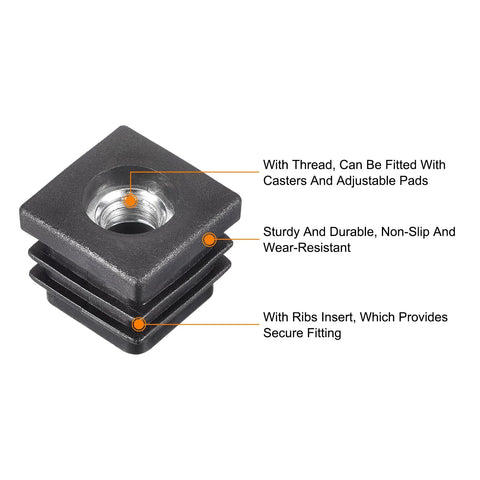 4 Pieces M8 Threaded Tube Inserts For 0.79 By 0.79 Inch Square Tubes Black Plastic End Caps Chair Leg Plugs For Furniture Feet Includes 4 Press Fit Inserts With Inner Height 14mm And Overall Height 18mm And M8x1.25 Thread, view shows close-up with threaded hole, ribs for secure fit, durable black plastic.