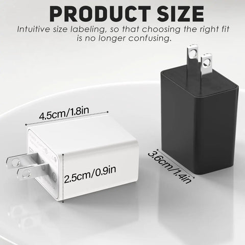 White and black USB wall chargers with size dimensions, including 2.5cm width and 4.5cm length, for Sonicare toothbrushes.