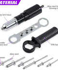 211Pcs Black Alloy Steel Electric Rivet Gun Adapter Kit With 2.4mm 3.2mm 4.0mm 4.8mm Rivet Heads Includes Handle Wrench And 500Pcs Aluminum Blind Rivet Kit For Quick Strong Fastening showing components