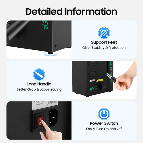 Workhorse 4 Ton Hydraulic Heat Press With 300W Power Manual High Pressure Jack Press Dual 4.5 By 4.7 Inch Heated Plates And LED Display Heavy Duty Hot Stamping Machine For Printing Heat Transfers close-up of support feet, long handle, and power switch