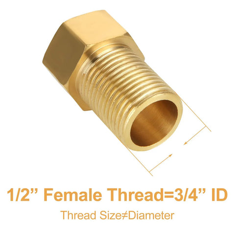 Close-up of brass pipe fitting with 1/2 inch female and 3/4 inch ID thread size, part of Brass Pipe Fitting Set Of 10 Extension Nipple Connectors.