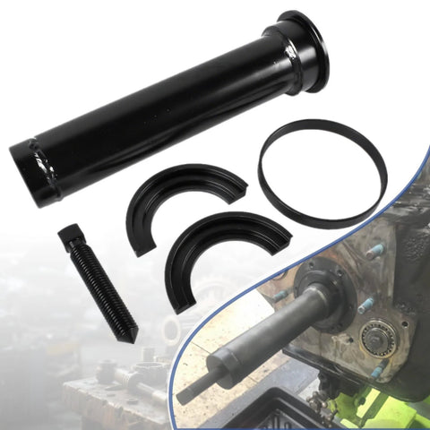 Close-up of GELUOXI 4308011 input shaft bearing puller kit components in black metal: sleeve, curved spacers, ring, bolt