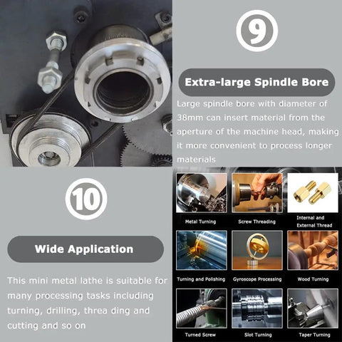 Extra-large spindle bore on Precision Benchtop Metal And Wood Lathe Machine With 1100 Watt Brushless Motor Variable Speed Control, showing 38mm diameter.
