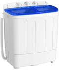 Game Changer Compact Twin Tub Portable Washing Machine With Fast Spin Dryer And Simple Dial Controls in white and blue.