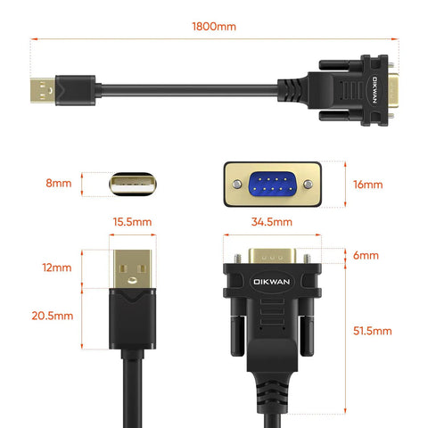 Diagram showing dimensions of USB To RS232 Serial Adapter Cable With FTDI Chipset USB 2.0 To DB9 Male Cable, connectors labeled.