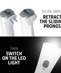 Auto On LED Rechargeable Flashlights 3 Pack For Home Power Outages showing retractable prongs and LED light