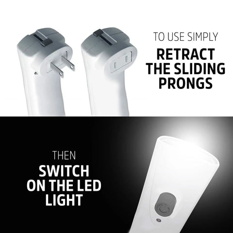 Auto On LED Rechargeable Flashlights 3 Pack For Home Power Outages showing retractable prongs and LED light