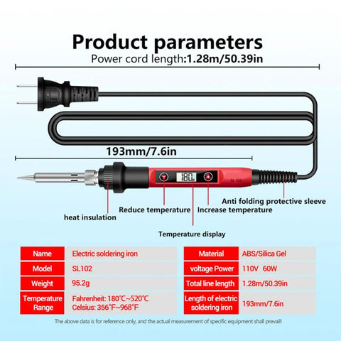 Handy Electric Soldering Iron Kit With Testing Tool Storage Bag Perfect For Appliance Repair And Circuit Boards Portable US Plug features temperature display and cord length.