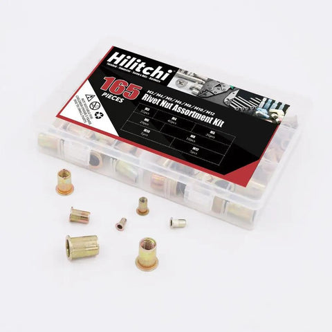 165 Piece Mixed Zinc Plated Carbon Steel Rivet Nut Kit With Threaded Rivnuts M3 Through M12 displayed with open box on white background