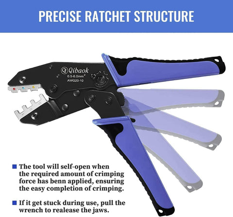 Ratcheting Wire Crimping Tool For Heat Shrink Connectors, Precision AWG 22 To 10, ergonomic soft grip handle, side view.