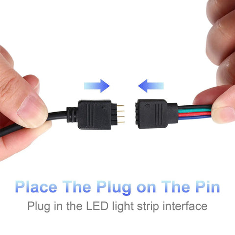 Hands connecting Six Piece 4 Pin RGB Extension Cable Set for LED Strip Lights with 12 Male Pin Connectors, shown close-up.