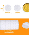 Heavy Duty Self Adhesive Dots 1200 Pieces 0.59 Inch Diameter Waterproof Sticky Back Dots White For School Office Home Mounting Arts And Crafts Hook And Loop Dots Set with hook and loop design shown with coin for size reference