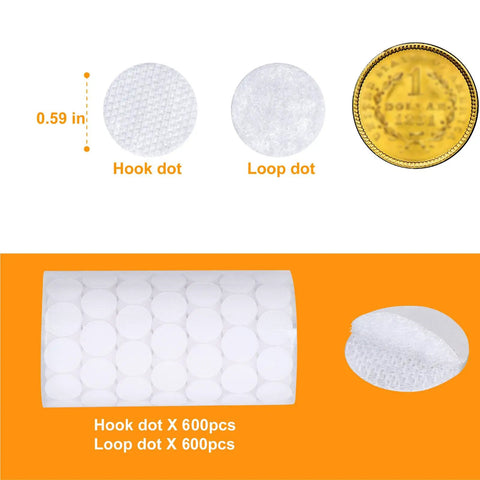 Heavy Duty Self Adhesive Dots 1200 Pieces 0.59 Inch Diameter Waterproof Sticky Back Dots White For School Office Home Mounting Arts And Crafts Hook And Loop Dots Set with hook and loop design shown with coin for size reference