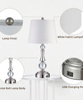 Set Of 2 Touch Control Crystal Table Lamps With USB Port, 3 Way Dimmable Bedside Nightstand Lighting, White Fabric Shade, Silver Finish