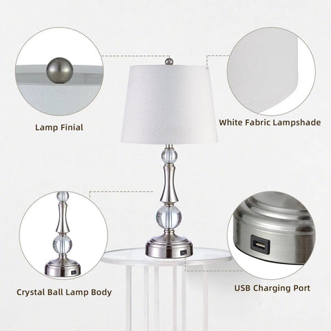 Set Of 2 Touch Control Crystal Table Lamps With USB Port, 3 Way Dimmable Bedside Nightstand Lighting, White Fabric Shade, Silver Finish