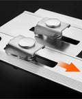 Close-up of metal quick lock mount for Straight Up Heavy Duty Chamfer Frame Miter Saw Jig for 45 Degree Ceramic Tile Trimming.