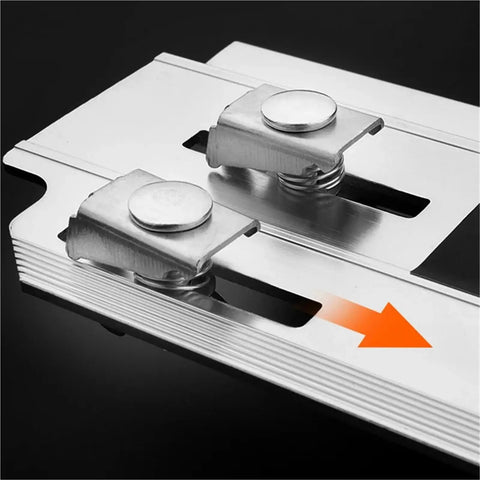 Close-up of metal quick lock mount for Straight Up Heavy Duty Chamfer Frame Miter Saw Jig for 45 Degree Ceramic Tile Trimming.