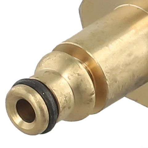 Brass M22 high-pressure washer hose adapter end view with rubber O-ring; solid brass construction