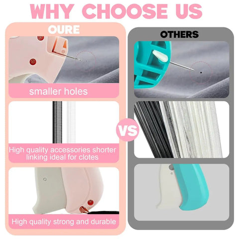 Comparison image of No Sweat Stitch Gun For Clothes Handheld Fabric Tacker versus other fabric tacker designs, highlighting quality and size.