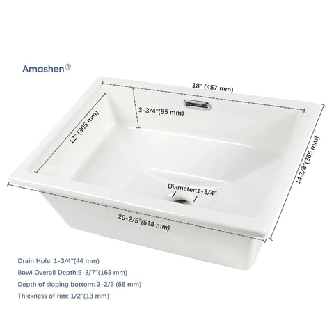 20.5 Inch By 14.4 Inch Ceramic Vanity Sink With Overflow For Undermount Or Drop In Installation dimensions shown