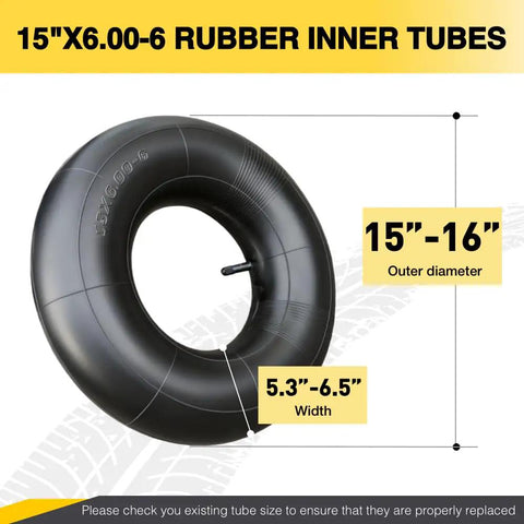 Heavy Duty 2 Pack 15x6.00-6 Inner Tubes With TR13 Straight Valve Stem, dimensions shown for universal replacement uses