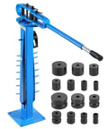 VEVOR Manual Pipe Bender With 14 Dies, blue heavy duty tool with multiple black dies for shaping copper and steel pipes.