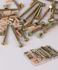 Dark Bronze Hex Socket Head Cap Screw Set With Barrel Nuts And Allen Wrench For Crib Furniture Assembly assorted screws and nuts in a kit.