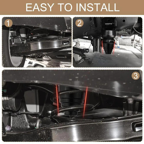 Installation of Two Pack Suspension Bump Stops For Rear Leaf Springs, showing placement under vehicle, Heavy Duty Rubber Bumpers.