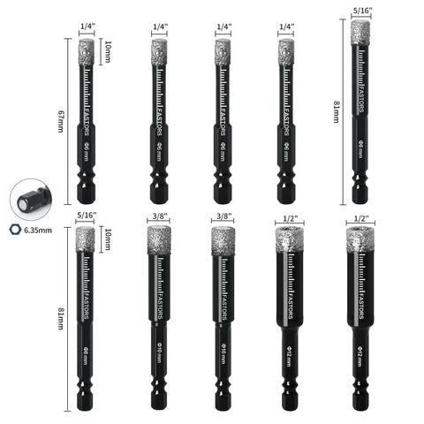 Dry Diamond Drill Bit Set 10 Pack Pro Grade For Tile Ceramic Marble Granite Glass Brick Stone With One Quarter Inch Hex Shank Includes 6mm 8mm 10mm And 12mm Bits For Fast Clean Dry Drilling In Home Renovations.