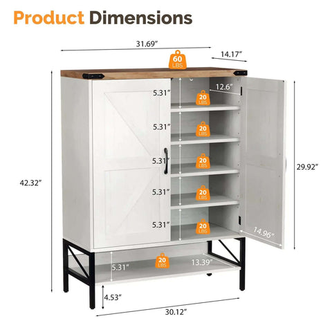 Dimensions of Farmhouse Style Shoe Cabinet with Two Barn Doors, 32 Inch Antique White Storage Organizer and Adjustable Shelves