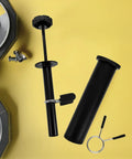 Portable Black Carbon Steel Weight Loading Pin for gym equipment on yellow background with clamps and accessories.