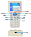 Front view of All In One RFID And NFC Card Copier And USB Reader, Supports 125KHz And 13.56MHz with display, buttons and USB port.