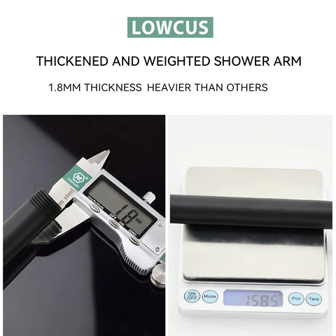 Solid Brass 8 Inch Matte Black Shower Arm With Flange Replacement measured at 1.8mm thickness showing weight on scale