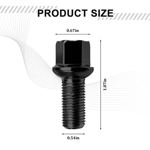 High Carbon Steel Wheel Bolts M14 X 1.5 Thread Pitch Black Coated Heavy Duty Lug Studs with measurements shown.
