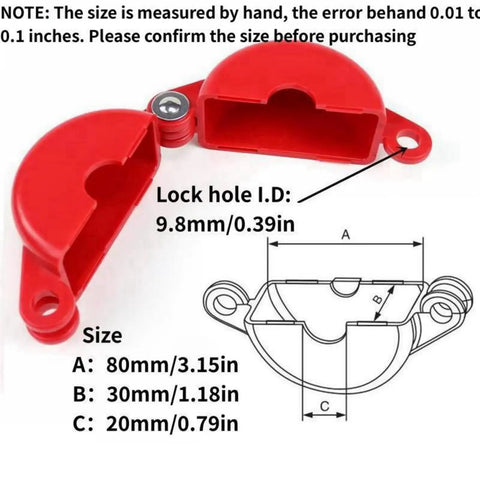Workhorse Gate Valve Lockout Device dimensions and specifications with drawing and measurements, red plastic design.